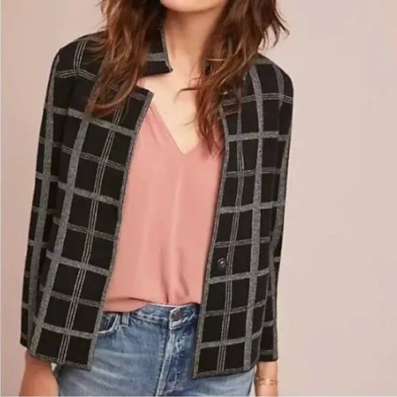 Anthropologie Moth Red Windowpane Plaid Knit Blazer Jacket - Picture 2 of 10